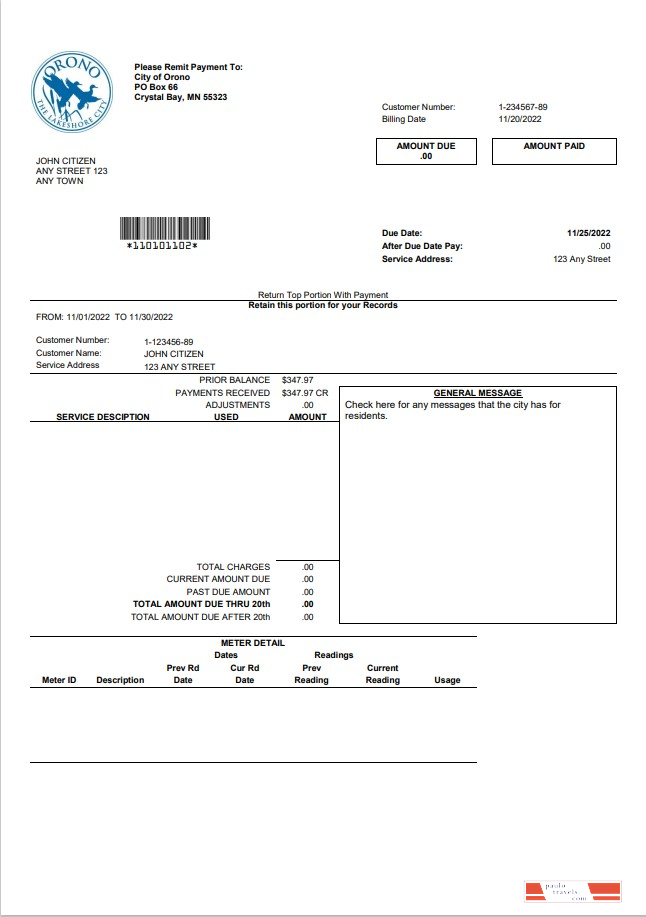 USA Nevada Orono The Lakehore City utility bill template in Word and PDF format